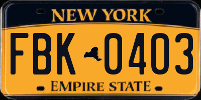 NY license plate FBK0403