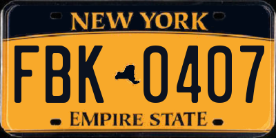 NY license plate FBK0407