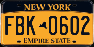 NY license plate FBK0602