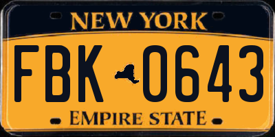 NY license plate FBK0643