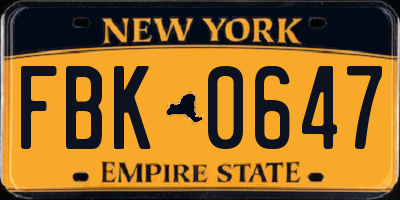 NY license plate FBK0647