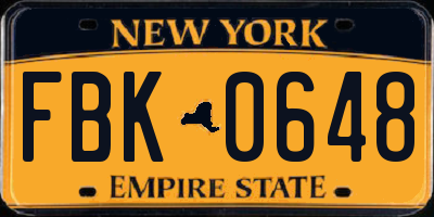 NY license plate FBK0648