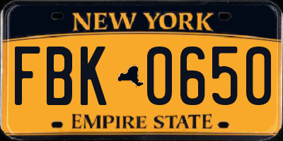 NY license plate FBK0650