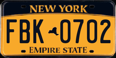 NY license plate FBK0702