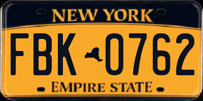 NY license plate FBK0762