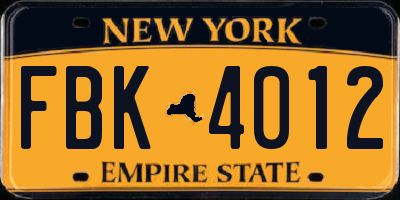 NY license plate FBK4012