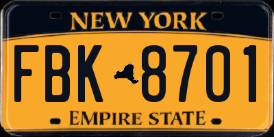 NY license plate FBK8701