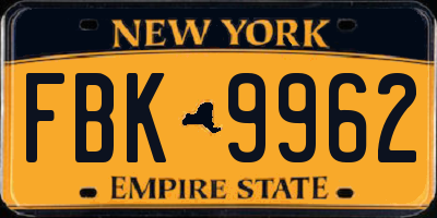 NY license plate FBK9962