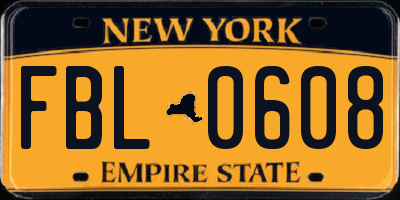 NY license plate FBL0608