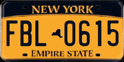 NY license plate FBL0615