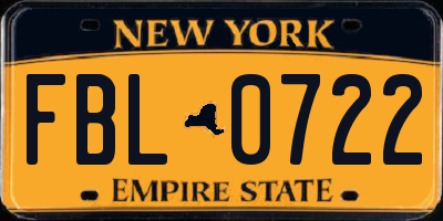 NY license plate FBL0722