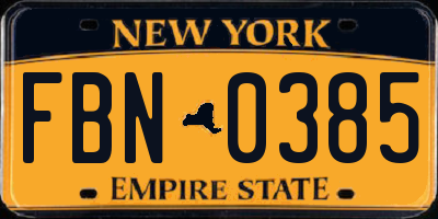 NY license plate FBN0385