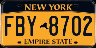 NY license plate FBY8702