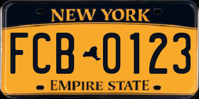 NY license plate FCB0123