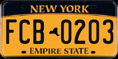 NY license plate FCB0203