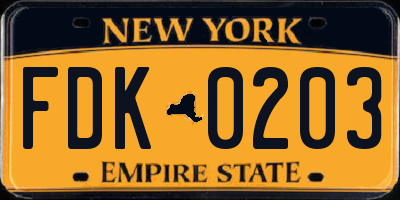 NY license plate FDK0203