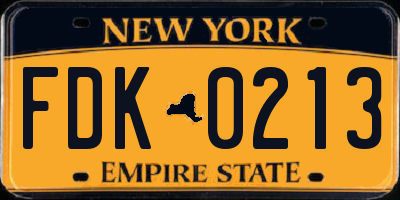 NY license plate FDK0213