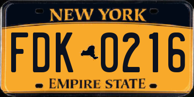NY license plate FDK0216