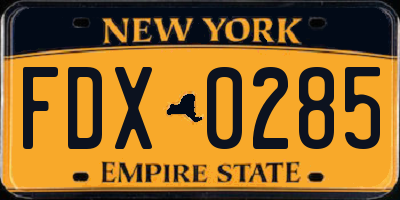 NY license plate FDX0285