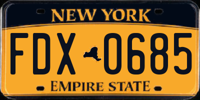 NY license plate FDX0685