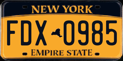 NY license plate FDX0985