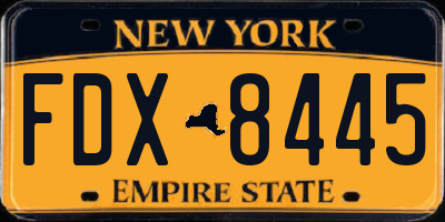 NY license plate FDX8445