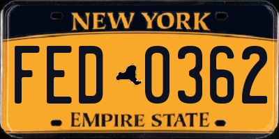 NY license plate FED0362