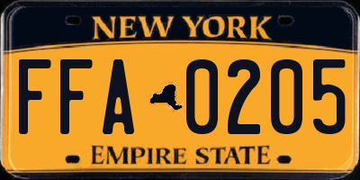 NY license plate FFA0205