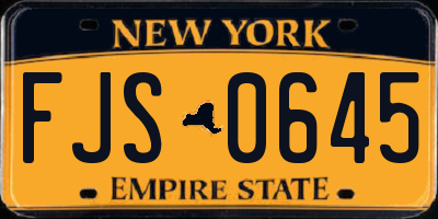 NY license plate FJS0645