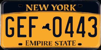 NY license plate GEF0443