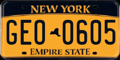 NY license plate GEO0605
