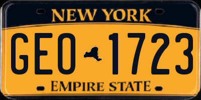 NY license plate GEO1723