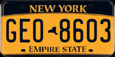 NY license plate GEO8603
