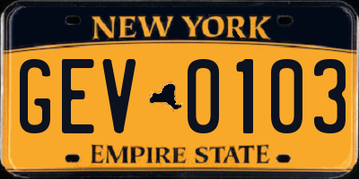 NY license plate GEV0103