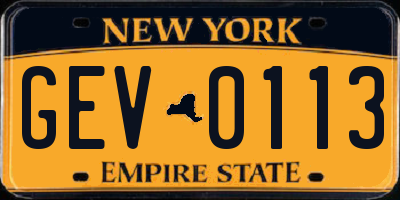 NY license plate GEV0113