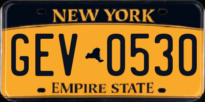 NY license plate GEV0530