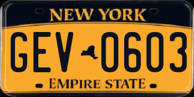 NY license plate GEV0603