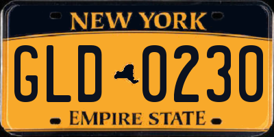 NY license plate GLD0230