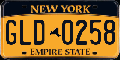 NY license plate GLD0258