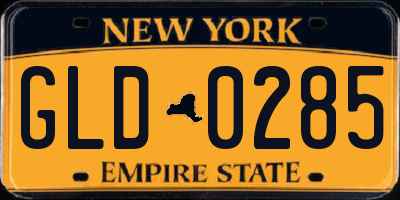 NY license plate GLD0285
