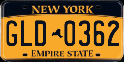 NY license plate GLD0362