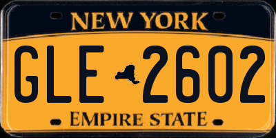 NY license plate GLE2602