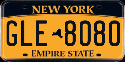 NY license plate GLE8080