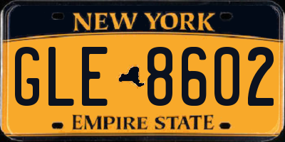 NY license plate GLE8602