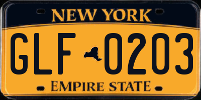 NY license plate GLF0203