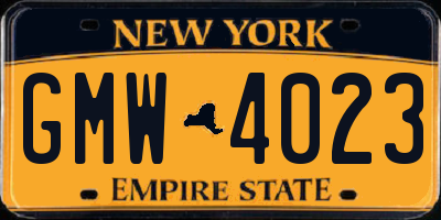 NY license plate GMW4023