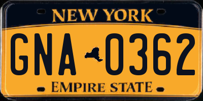 NY license plate GNA0362