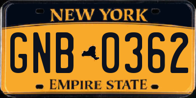 NY license plate GNB0362