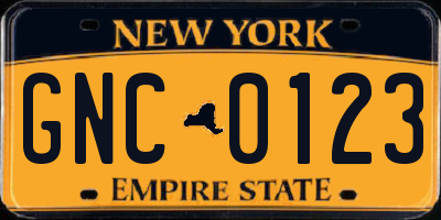 NY license plate GNC0123
