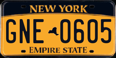NY license plate GNE0605